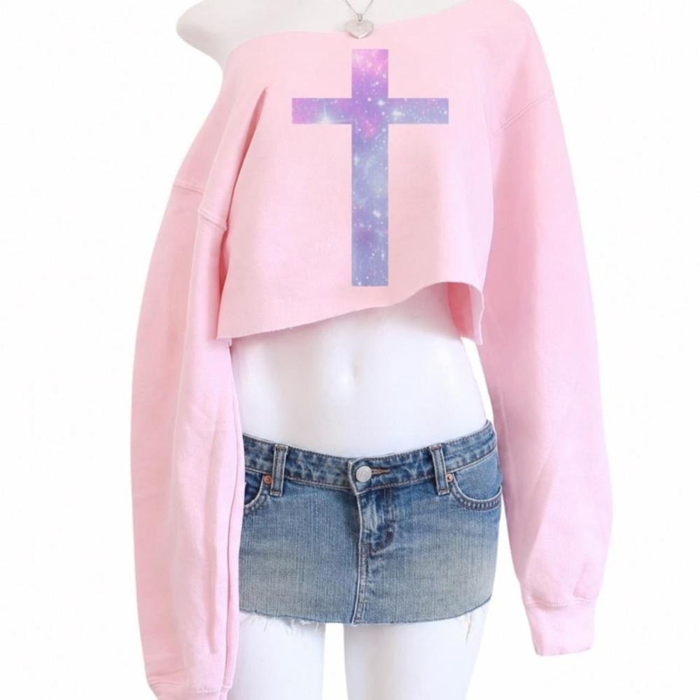 pink off the shoulder cropped galaxy cross graphic sweatshirt